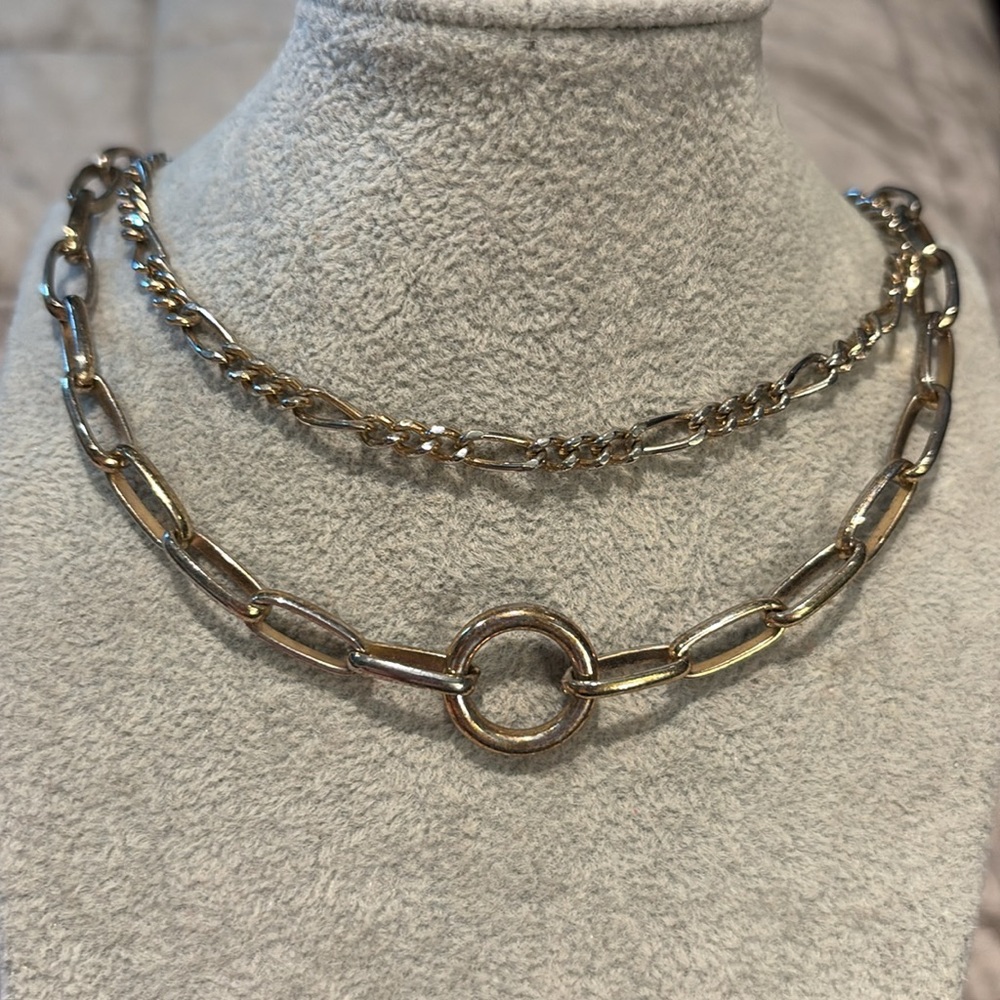 Double Silver Circle Link Chain Necklace 15-18”